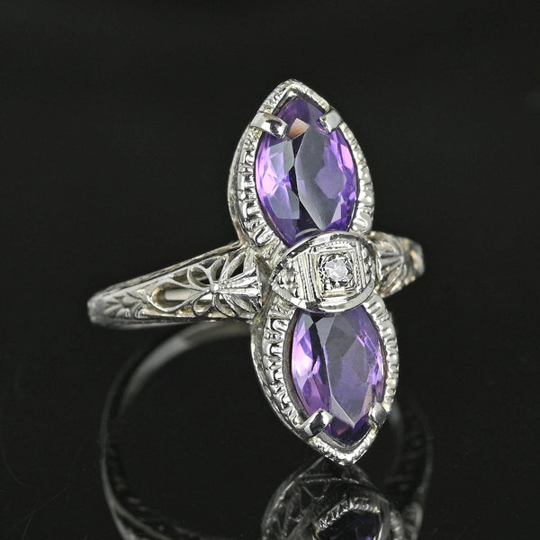 Art Deco 14K White Gold Filigree Diamond Amethyst Ring - Boylerpf