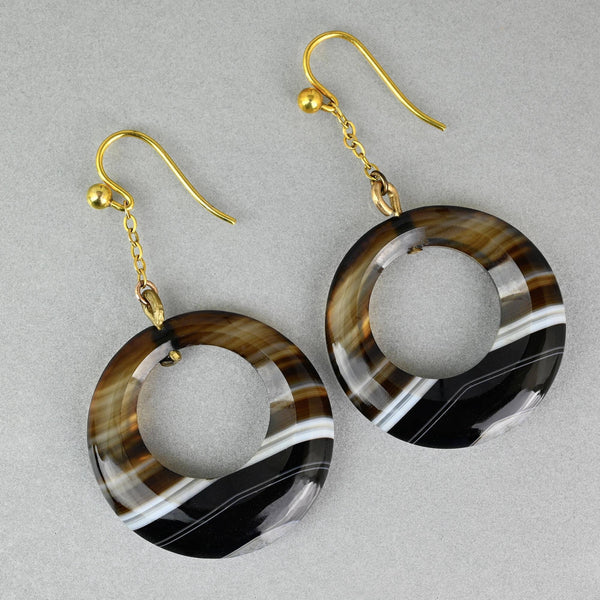 Antique Victorian Scottish Banded Agate Drop Earrings - Boylerpf