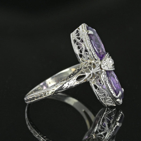 Art Deco 14K White Gold Filigree Diamond Amethyst Ring - Boylerpf