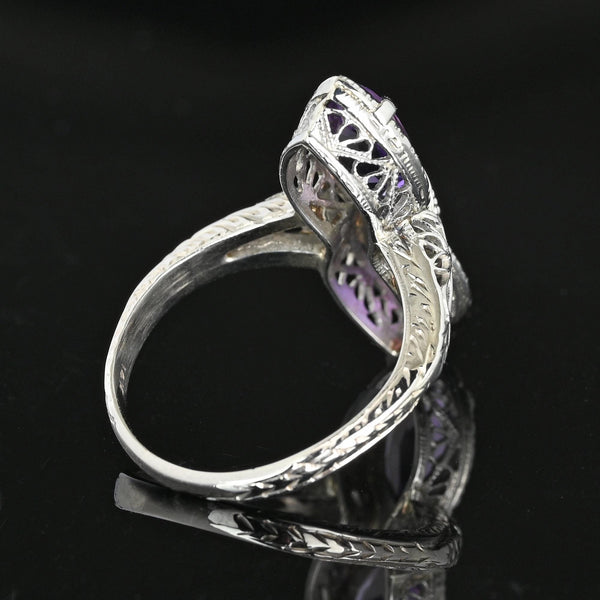 Art Deco 14K White Gold Filigree Diamond Amethyst Ring - Boylerpf