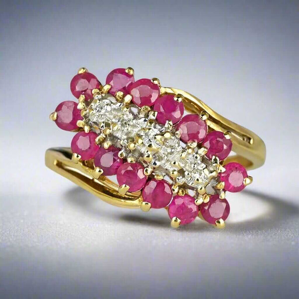 Vintage 10K Gold Bypass Diagonal Diamond Ruby Cluster Ring - Boylerpf