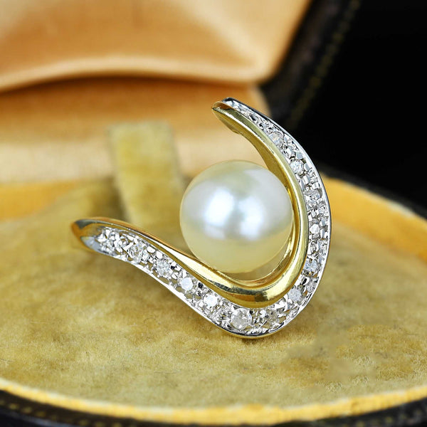Vintage 14K Gold Diamond Swirl Pearl Cocktail Ring - Boylerpf