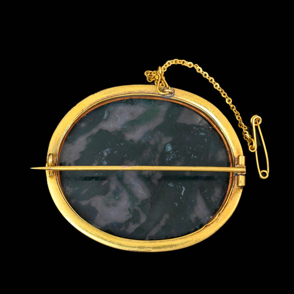 Antique Moss Agate Brooch Pendant Gold Wrapped Frame - Boylerpf