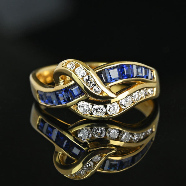 Vintage 14K Gold Ribbon Style Diamond Sapphire Ring - Boylerpf