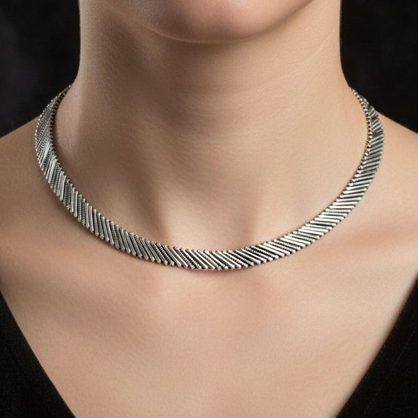 Vintage Sterling Silver Herringbone Collar Statement Necklace - Boylerpf