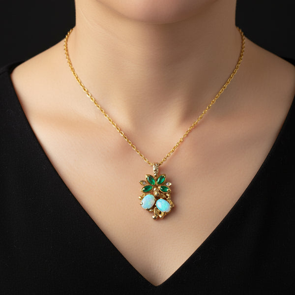 Vintage Gold Floral Motif Diamond Emerald Opal Pendant - Boylerpf