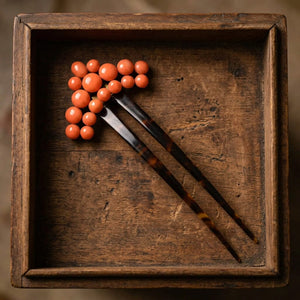 Antique Victorian Coral Hair Pin in Gilt Silver and Shell - Boylerpf