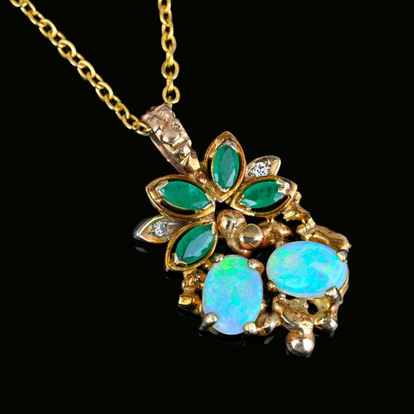 Vintage Gold Floral Motif Diamond Emerald Opal Pendant - Boylerpf