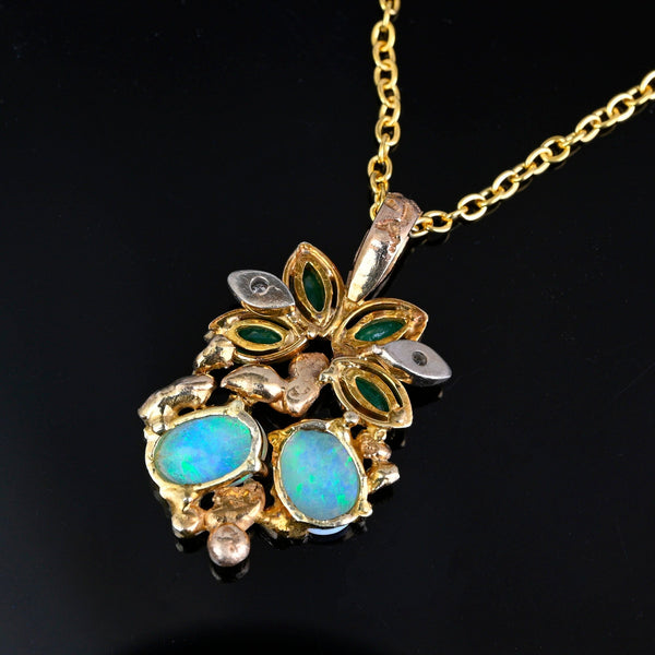 Vintage Gold Floral Motif Diamond Emerald Opal Pendant - Boylerpf