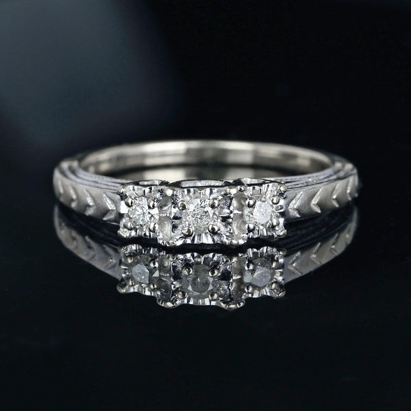 Vintage 10K White Gold Three Stone Diamond Ring - Boylerpf