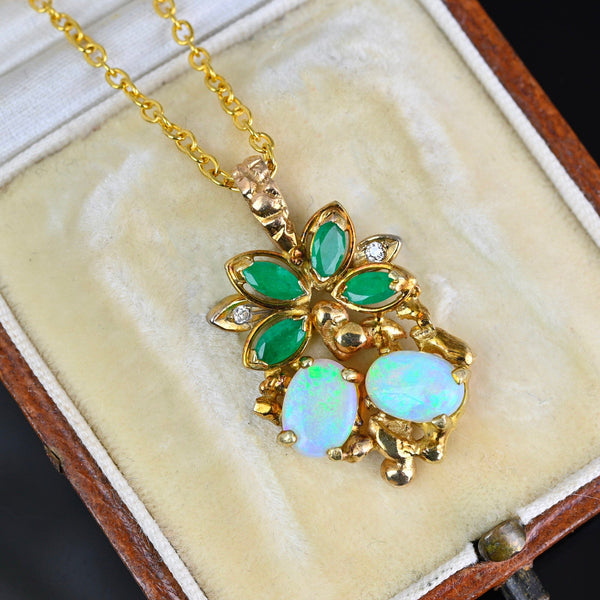 Vintage Gold Floral Motif Diamond Emerald Opal Pendant - Boylerpf