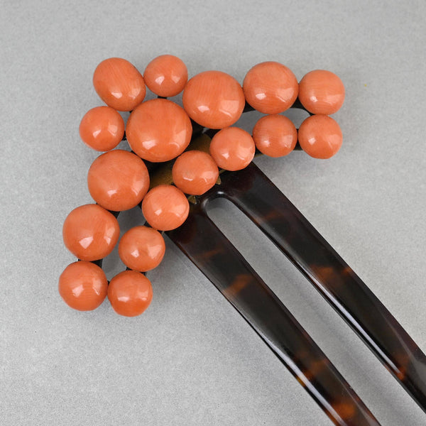 Antique Victorian Coral Hair Pin in Gilt Silver and Shell - Boylerpf