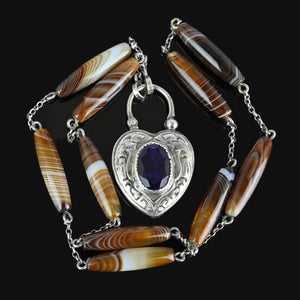 Antique Amethyst Heart Padlock Banded Agate Necklace - Boylerpf