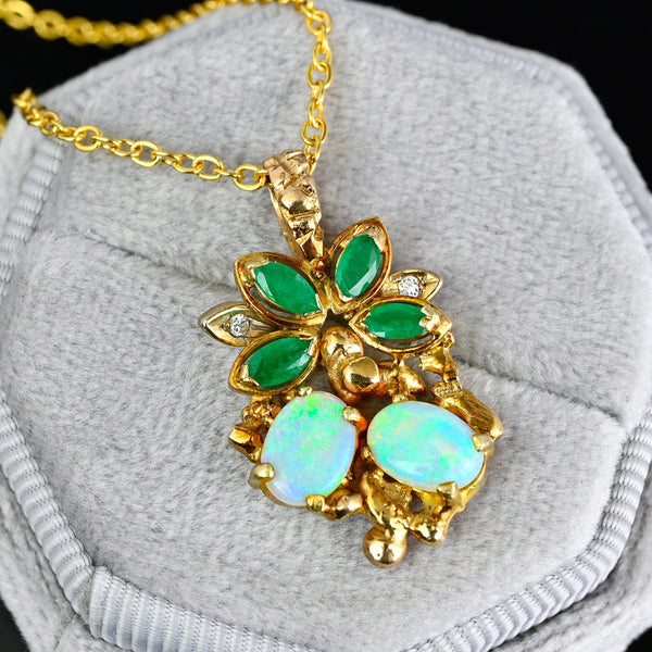 Vintage Gold Floral Motif Diamond Emerald Opal Pendant - Boylerpf