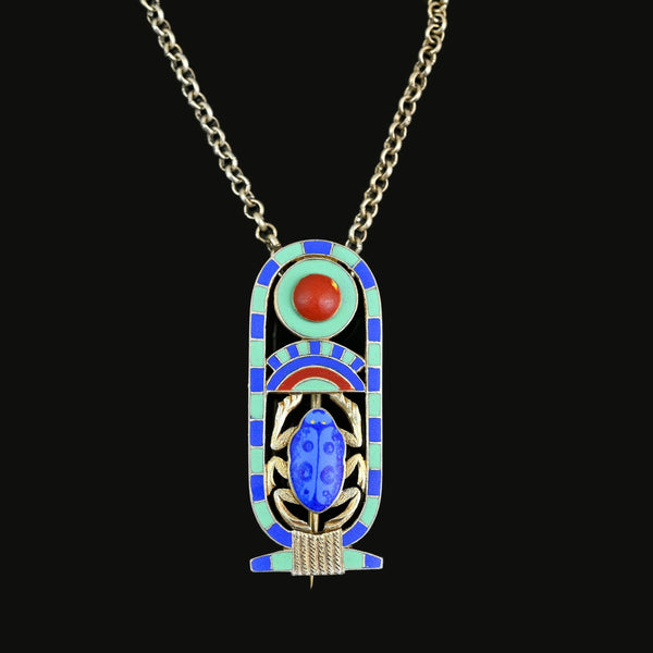 Antique Silver Enamel Egyptian Revival Scarab Brooch - Boylerpf
