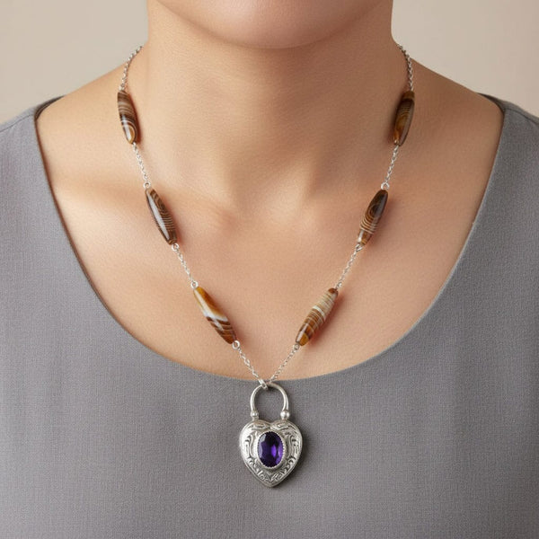 Antique Amethyst Heart Padlock Banded Agate Necklace - Boylerpf