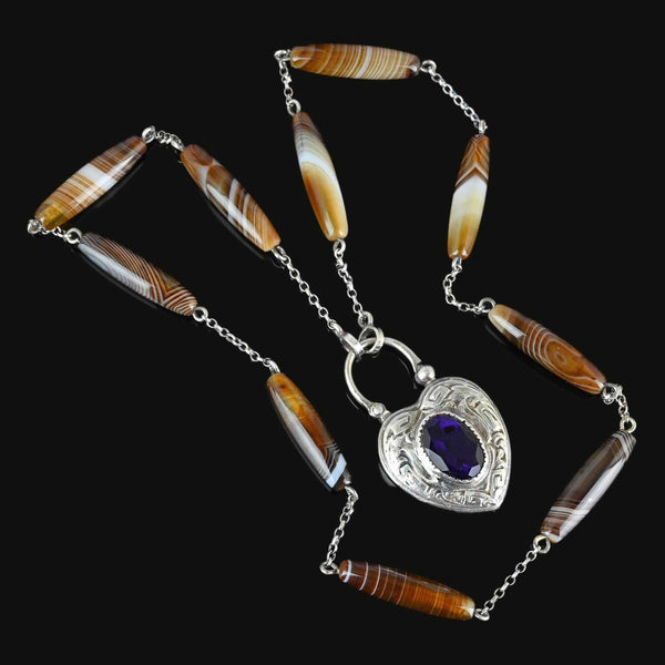 Antique Amethyst Heart Padlock Banded Agate Necklace - Boylerpf