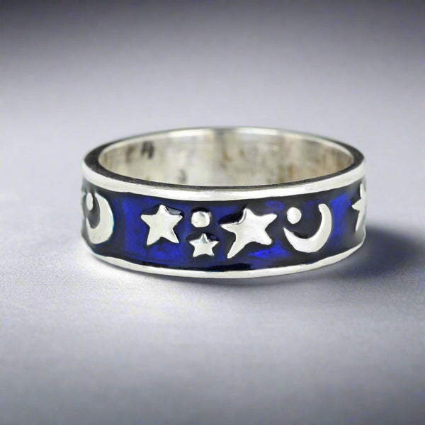 Silver Blue Enamel Star and Moon Ring Band - Boylerpf