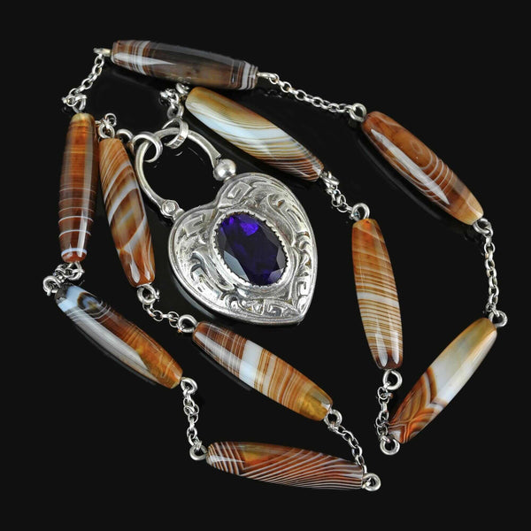 Antique Amethyst Heart Padlock Banded Agate Necklace - Boylerpf