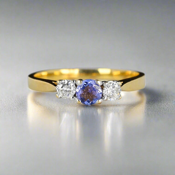 Vintage 14K Gold Three Stone Diamond Tanzanite Ring - Boylerpf