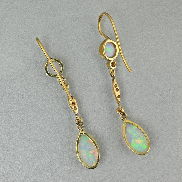Edwardian 14K Gold Opal and Rose Cut Diamond Earrings