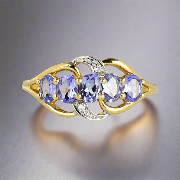 Vintage 14K Gold Diamond Five Stone Tanzanite Ring - Boylerpf