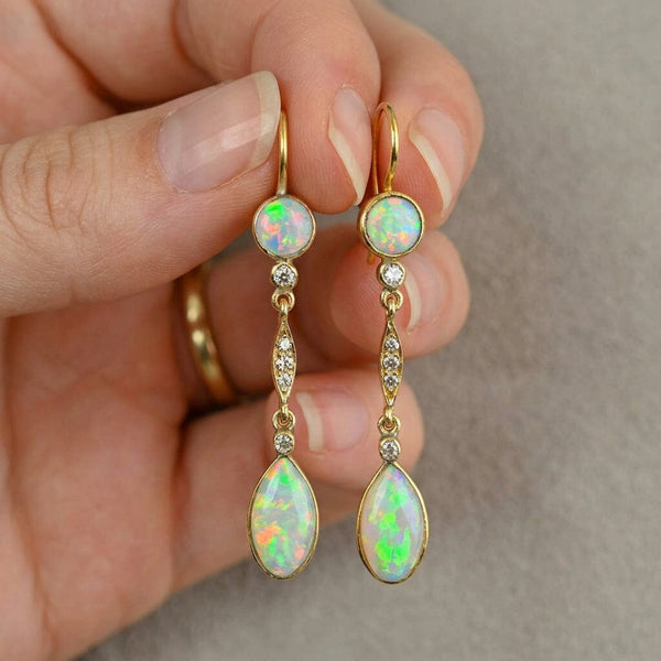 Edwardian 14K Gold Opal and Rose Cut Diamond Earrings