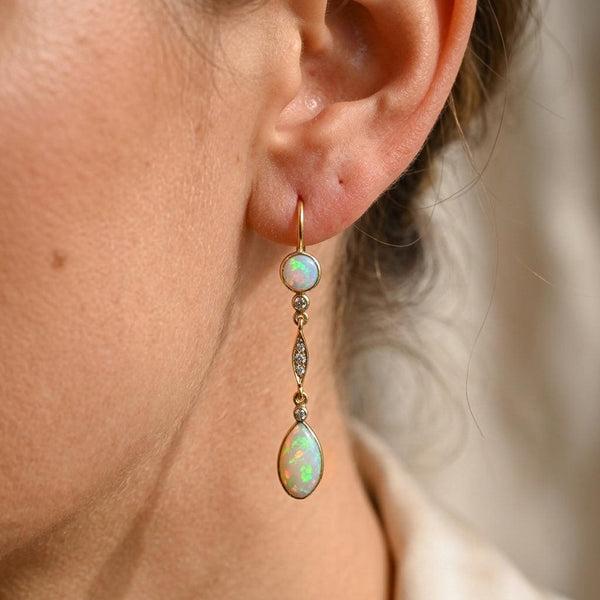 Edwardian 14K Gold Opal and Rose Cut Diamond Earrings