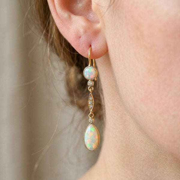 Edwardian 14K Gold Opal and Rose Cut Diamond Earrings