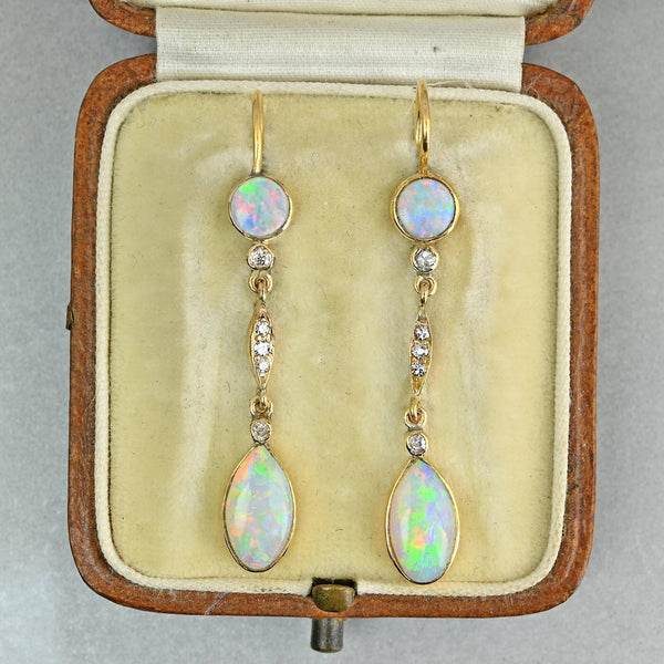 Edwardian 14K Gold Opal and Rose Cut Diamond Earrings
