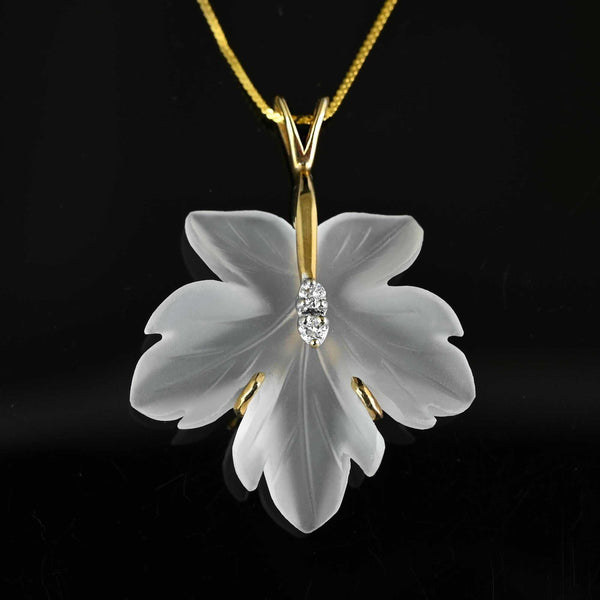 Exquisite 14K Gold Carved Rock Crystal Maple Leaf Diamond Necklace - Boylerpf