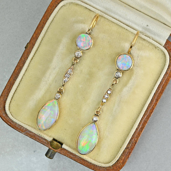 Edwardian 14K Gold Opal and Rose Cut Diamond Earrings