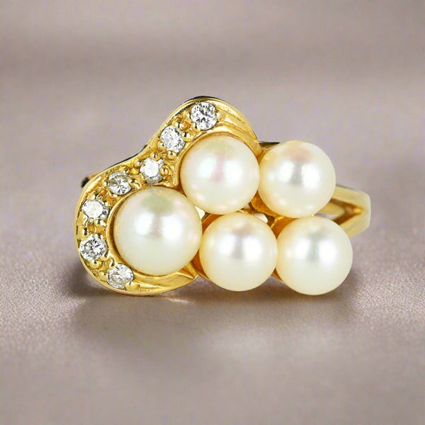 Mid Century Gold Diamond Pearl Cluster Cocktail Ring - Boylerpf