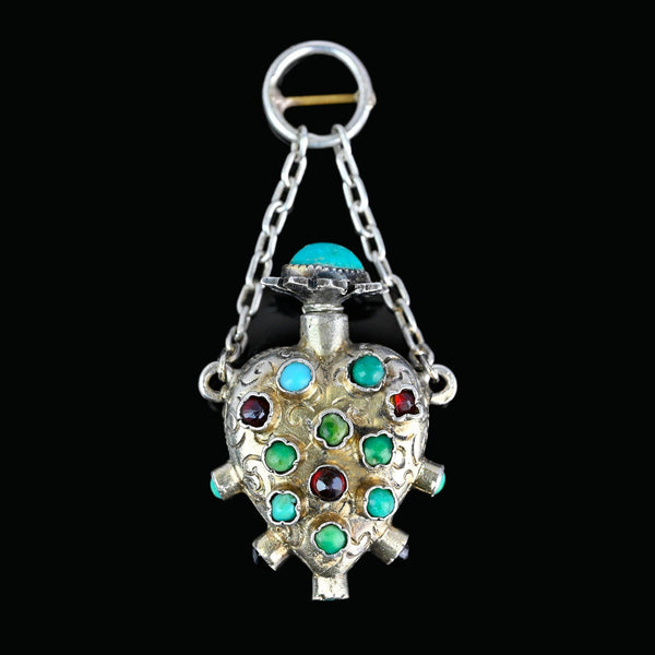 Antique Puffy Heart Turquoise Garnet Chatelaine Perfume Pendant - Boylerpf
