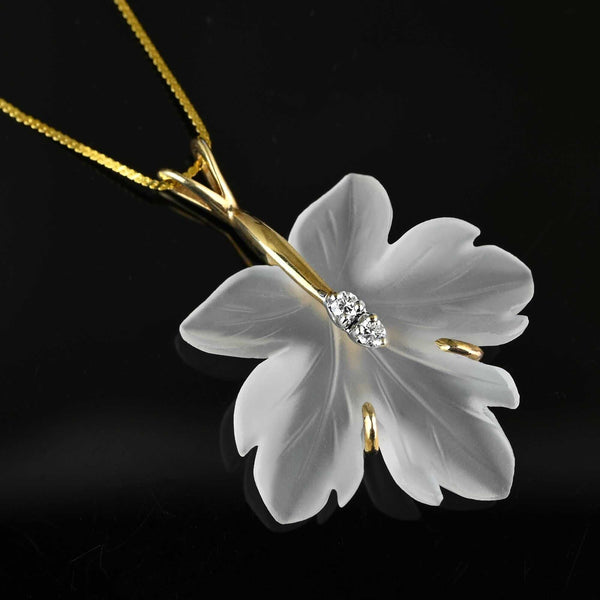 Exquisite 14K Gold Carved Rock Crystal Maple Leaf Diamond Necklace - Boylerpf