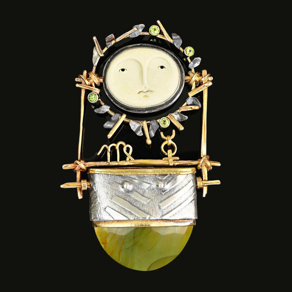Carolyn Morris Bach Carved Bone Goddess Brooch 18K Gold Agate