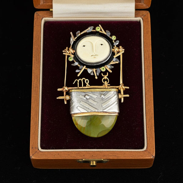 Carolyn Morris Bach Carved Bone Goddess Brooch 18K Gold Agate