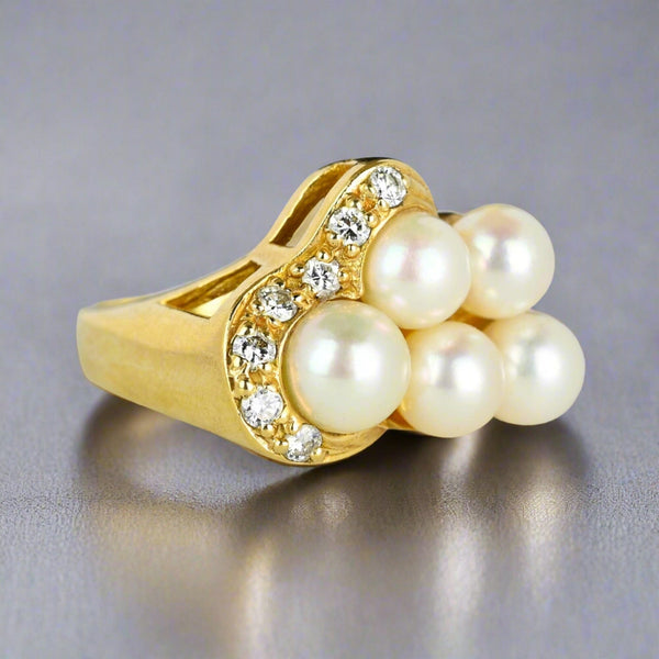 Mid Century Gold Diamond Pearl Cluster Cocktail Ring - Boylerpf