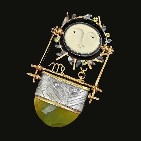Carolyn Morris Bach Carved Bone Goddess Brooch 18K Gold Agate