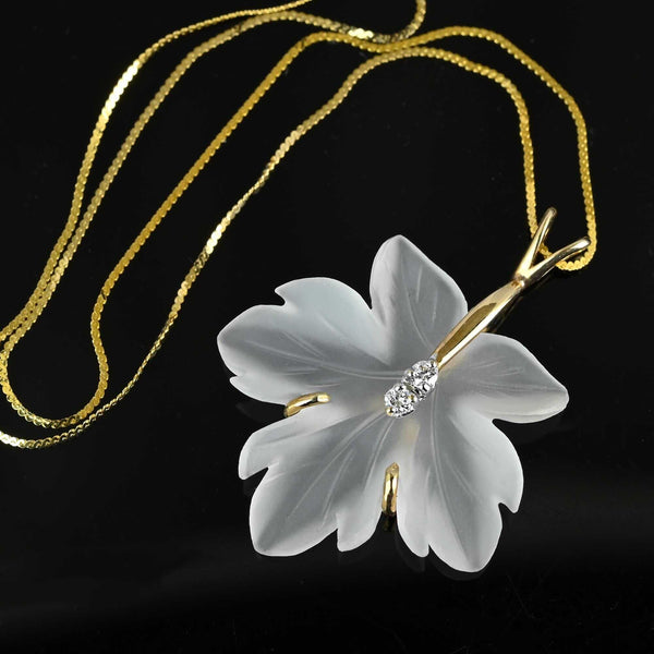 Exquisite 14K Gold Carved Rock Crystal Maple Leaf Diamond Necklace - Boylerpf