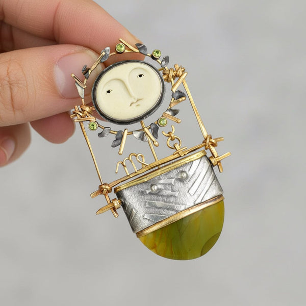 Carolyn Morris Bach Carved Bone Goddess Brooch 18K Gold Agate