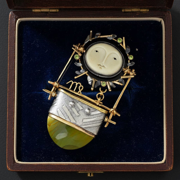 Carolyn Morris Bach Carved Bone Goddess Brooch 18K Gold Agate