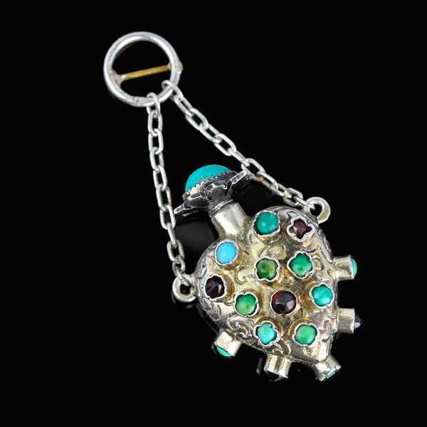 Antique Puffy Heart Turquoise Garnet Chatelaine Perfume Pendant - Boylerpf