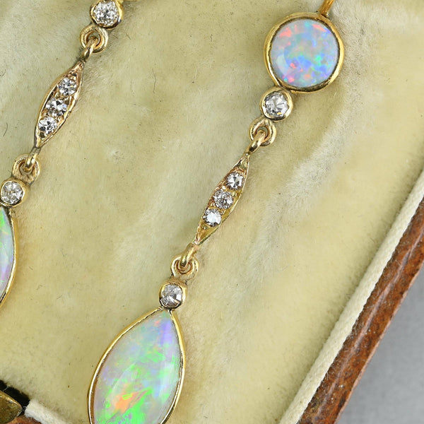 Edwardian 14K Gold Opal and Rose Cut Diamond Earrings