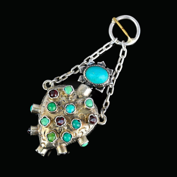 Antique Puffy Heart Turquoise Garnet Chatelaine Perfume Pendant - Boylerpf