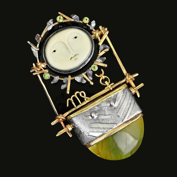Carolyn Morris Bach Carved Bone Goddess Brooch 18K Gold Agate