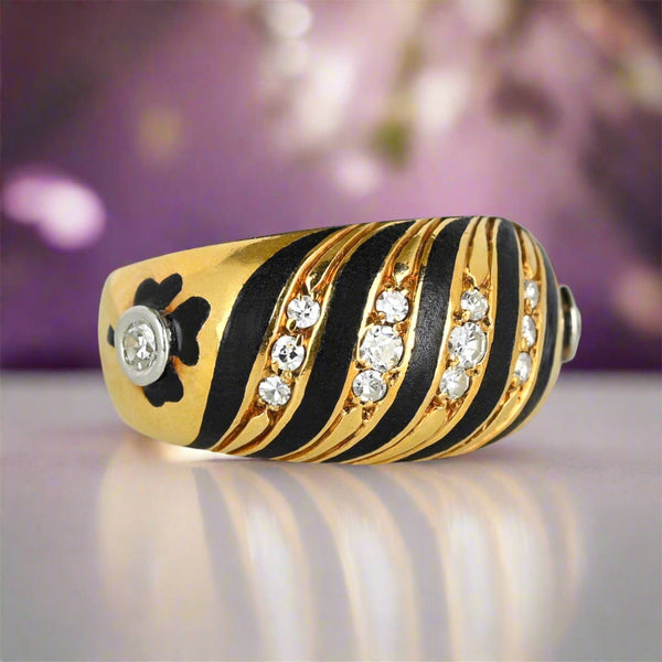 Antique 14K Gold Black Enamel Clover Diamond Ring Band - Boylerpf