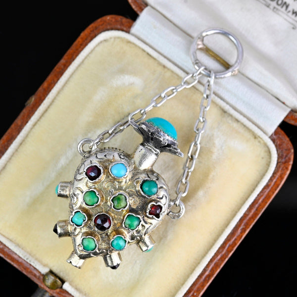 Antique Puffy Heart Turquoise Garnet Chatelaine Perfume Pendant - Boylerpf