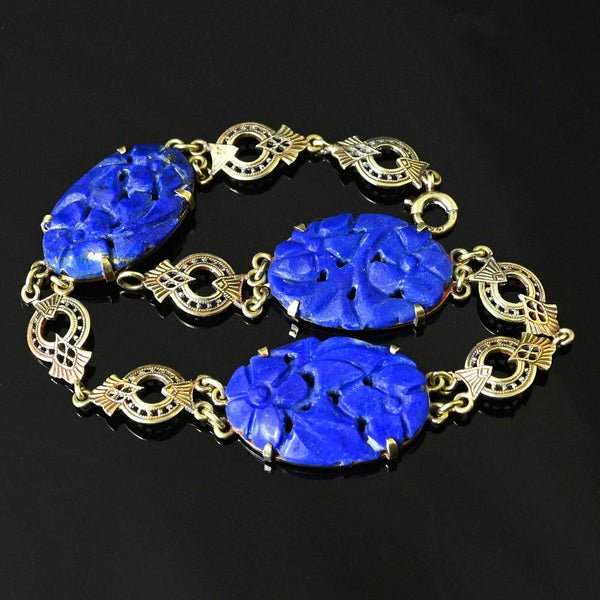 Art Deco 14K Gold Pierced Carved Lapis Lazuli Bracelet - Boylerpf