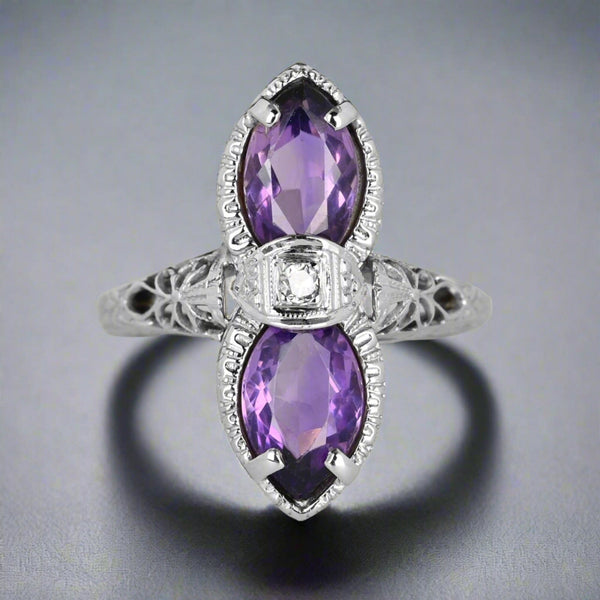 Art Deco 14K White Gold Filigree Diamond Amethyst Ring - Boylerpf